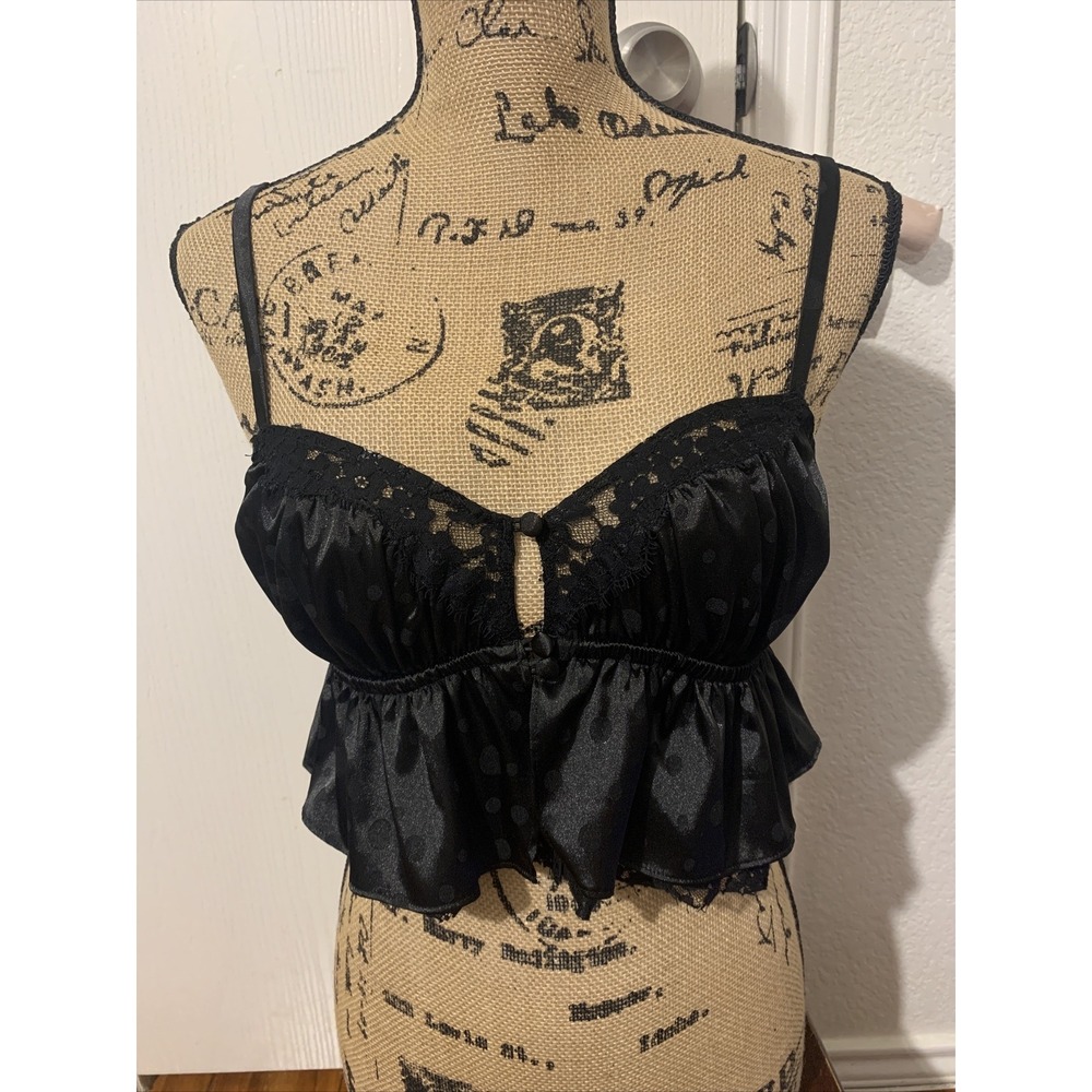 For Love & Lemons Fleur jacquard  Sleeveless Ruffled Lace Crop Top S Black Polka